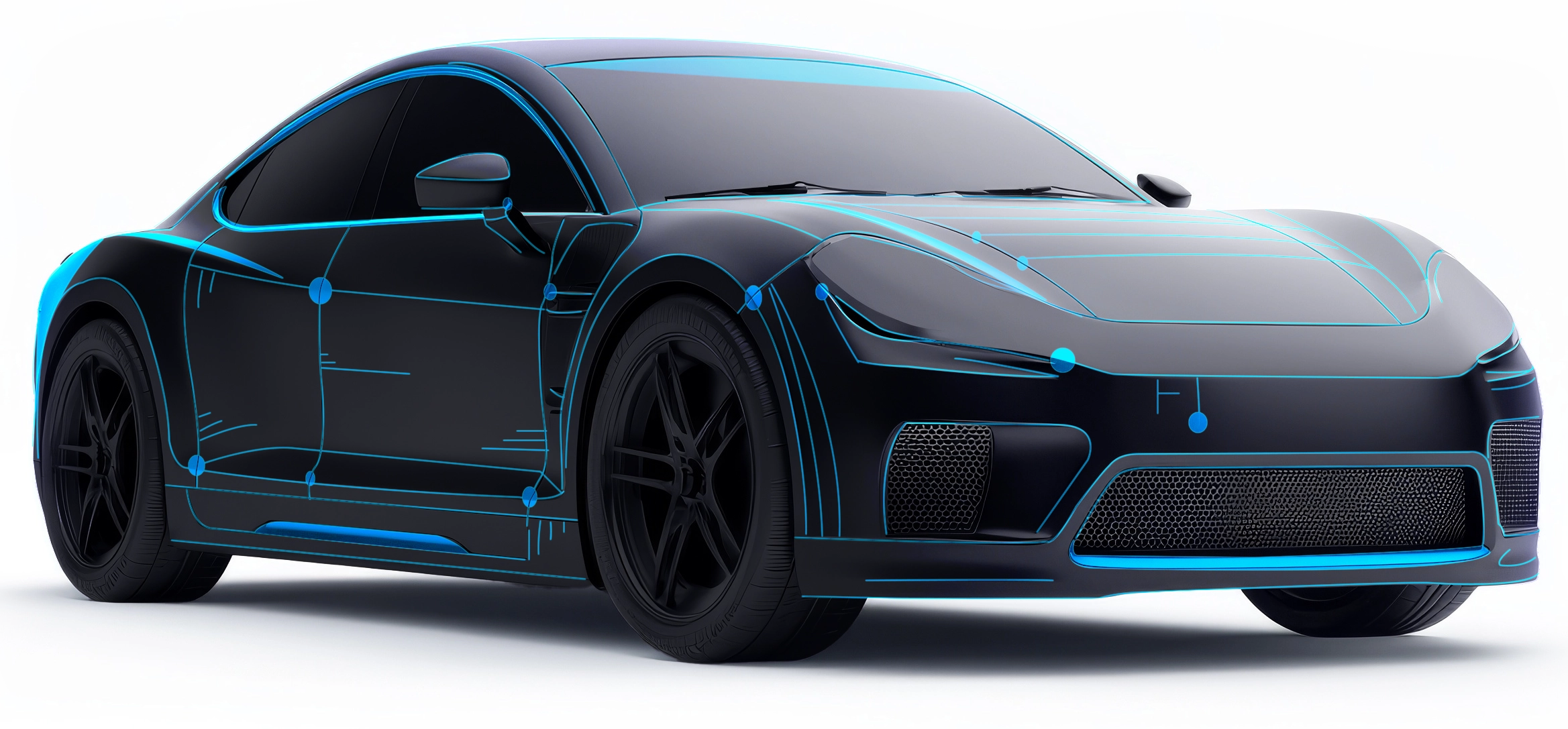 Black sports car with blue accents on a white background