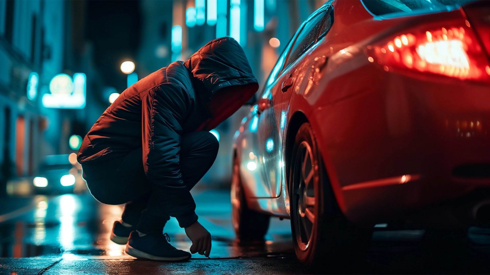 Person in a hooded coat crouching next to a red car on a city street at night.