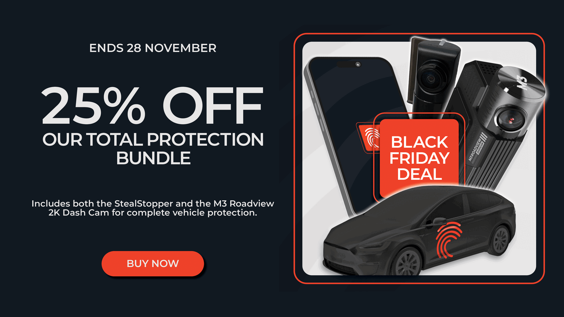 25% off black friday banner featuring dash camera and StealStopper